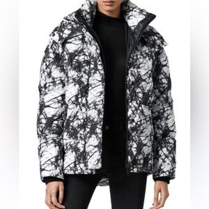 All Saints Wren Black and White Puffer Jacket with Abstract Pattern